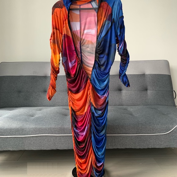 Mindful Color Ruched Midi Dress - Fuchsia/Combo - Picture 2 of 6